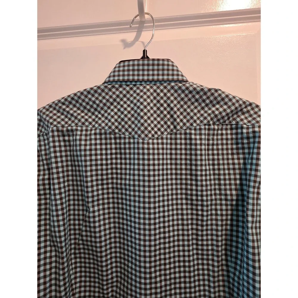 Men's‎ sz M Banana Republic Slim Fit Western Gingham Snap Front Shirt Blue Brown